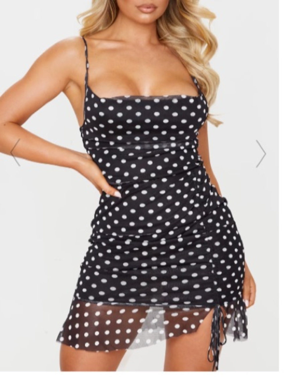 PrettyLittleThing Black & White Polka Dot Ruched Slip Dress